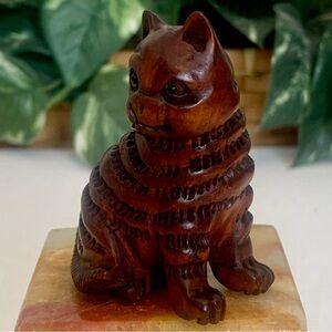 Vintage Red Boxwood Cat Netsuke Animal Figurine Hand Carved Wood Sculpture 2.4"